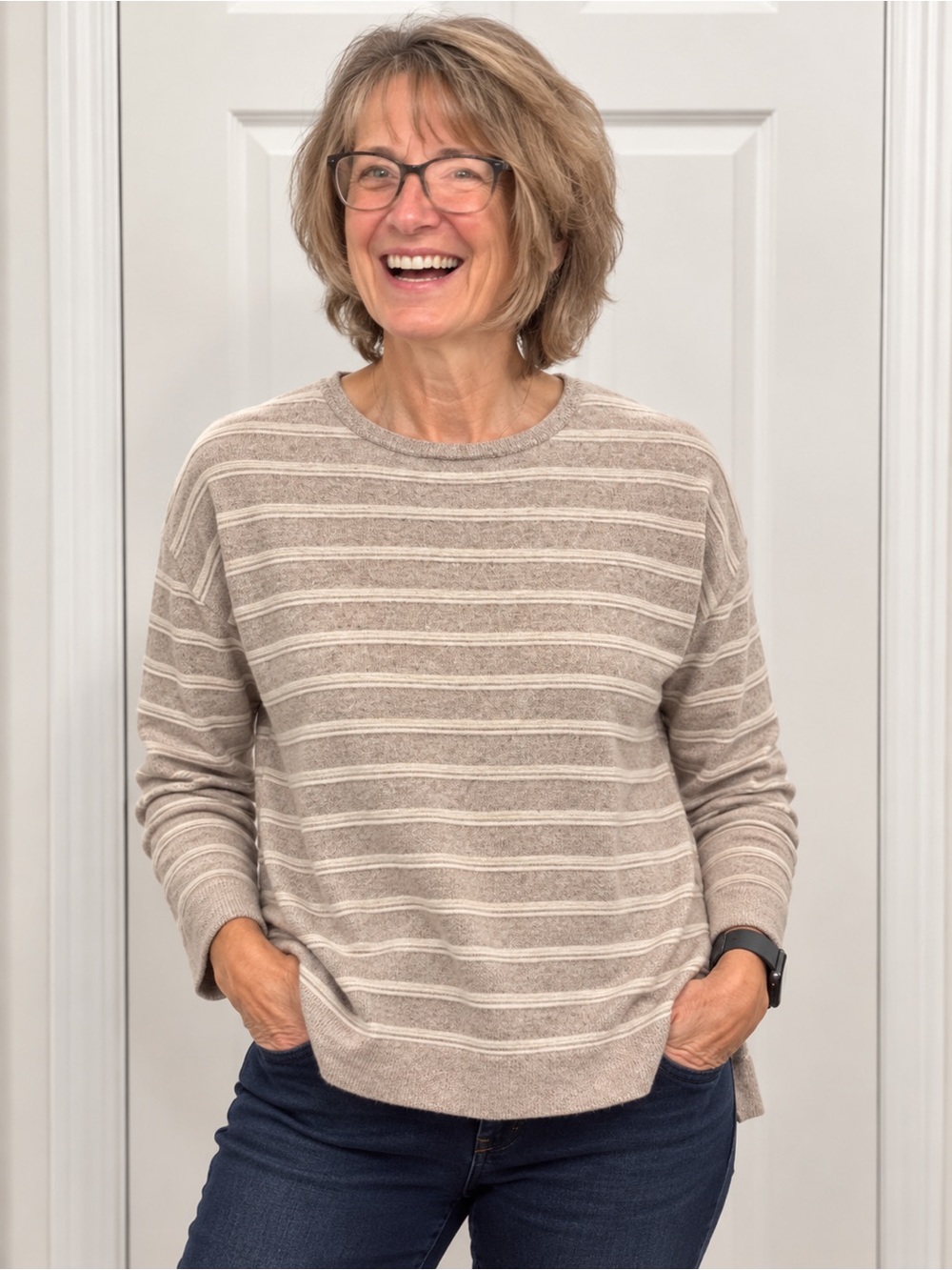 Adrienne Vittadini 100% Cashmere Striped Sweater Taupe Ivory Size M EUC